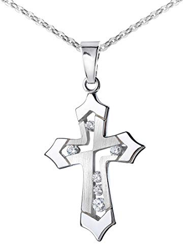 Materia 925 Silber Kreuz mit Kette 60cm - Kleiner Kettenanhänger mit Zirkonia christlich KA-117-K97-60 cm
