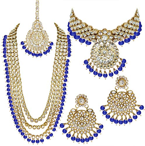 Aheli Indian Wedding Kundan Beaded Heavy Bridal Long Choker Necklace Earrings with Maang Tikka Traditional Jewellery Set for Women (Blue)