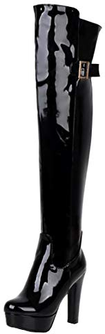 MISSUIT Damen Lack Overkneestiefel High Heels Blockabsatz Boots Plateau Stiefel mit Schnallen und Reißverschluss(Schwarz,41)