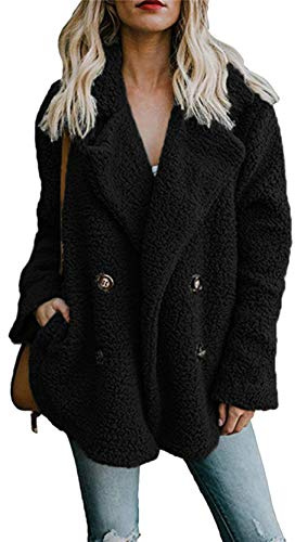 YMING Lady's Jacket Wool Blend Cardigan Faux Fur Coat Long Sleeve Lapel Plush Warm Coat Blk L