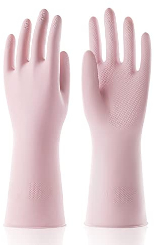 COOLJOB Medium Household Rubber Gloves with Cotton Liner & Non-slip Grip, Waterproof Long Lasting Dishwashing Gloves for Kitchen & Bathroom Cleaning, Light Pink, 1 Pair