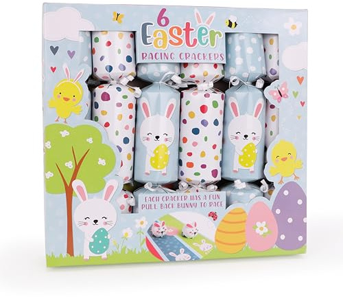 Toyland® Pack of 6 Fun Easter Crackers With Racing Game - Each Party Favour Has a Pull Back Bunny To Race
