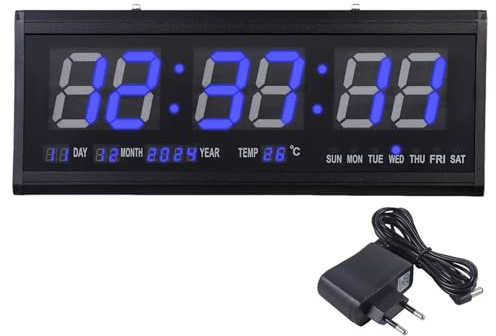 RibasuBB LED-Wanduhr, Digitale großes Display, Elektronische LED-Wanduhr Wohnzimmerthermometer LED-Großbilduhr mit w/Datum &Temperatur