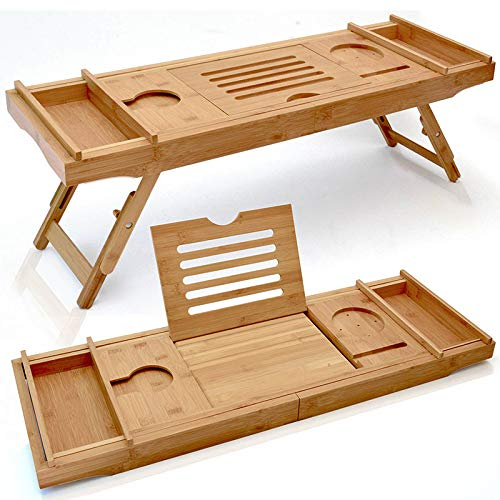 Samnuerly Plateau de lit et de Bain en Bois, Support en Bois avec Pieds pliants, étagère de Pont pour Baignoire avec Support pour Livre ou Tablette