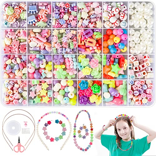 Perles Enfant, 550+ Bracelet Bricolage Perles Set, Kit de Perles de Bijoux pour Enfants pour la Fabrication de Bracelets Colliers Travaux Manuels, Cadeaux d'anniversaire pour filles de 5 à 12 ans