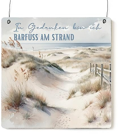 Interluxe Schild Holzschild XL - In Gedanken bin ich barfuss am Strand - maritimes Dekoschild mit Spruch für Freunde Familie