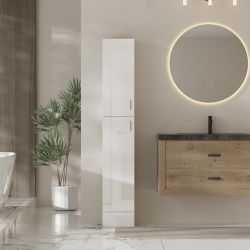 Redd Royal 188cm Tall Slim Bathroom Cabinet for Narrow Corner Living Room Kitchen, High Gloss Wood Unit Storage Cupboard with 4 Shelves 2 Doors for Home Office Usage (white high glossing)