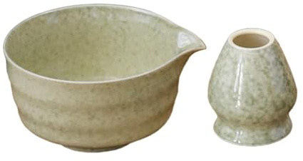 JISADER Bol à thé 2 pièces avec Bec verseur, Bol Matcha en céramique avec Support de Fouet, Bol Matcha Traditionnel, Couleur Matcha