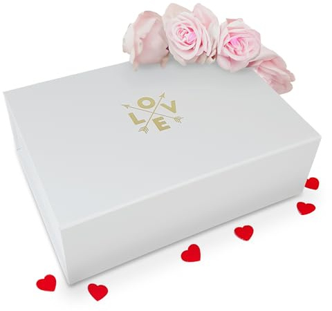 Verpackungswelt Geschenk-Box mit Deckel Love | 31x22x10 cm | Perfekt für Valentinstag & Geburtstag | Geschenk-Karton mit Magnet-Verschluss | Geschenk-Verpackung in Weiß mit Aufschrift in Gold