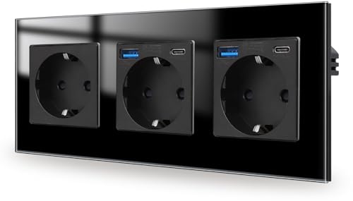 JIMEIDA Lot de 3 prises, encastrées, USB 20 W, en verre, 16 A, 250 V, avec USB A et type C, 228 x 86 mm, noires