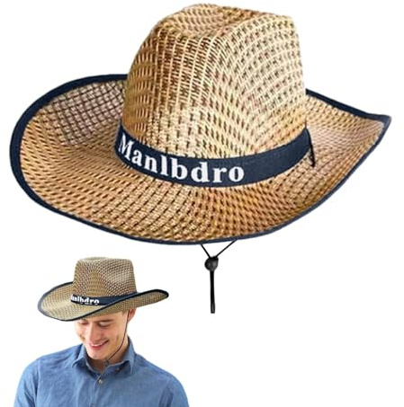 Genikeer Sombrero de Paja de ala Ancha, Sombrero de Sol de Paja para Hombre, Gorra para el Sol con protección UV para Exteriores, Sombrero de Occidental de Verano para Hombre Azul Talla S