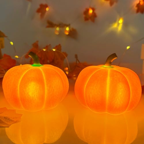 ACAREY Herbstdeko Kürbis Laterne, 2 Stück Herbst Dekoration Kürbis Deko Licht, Fallsicher & Bruchsicher, Herbst Deko Kürbis Beleuchtung Für Erntedankfest Halloween Tischdeko, Schlafzimmer Deko