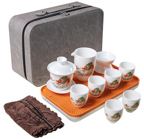 KEYDUACU Juego de té chino Gaiwán, juego de té chino Gaiwán, juego de té japonés de jade blanco, juego de té japonés de 6 tazas, juego de té portátil para el hogar, viajes (dragón de China)