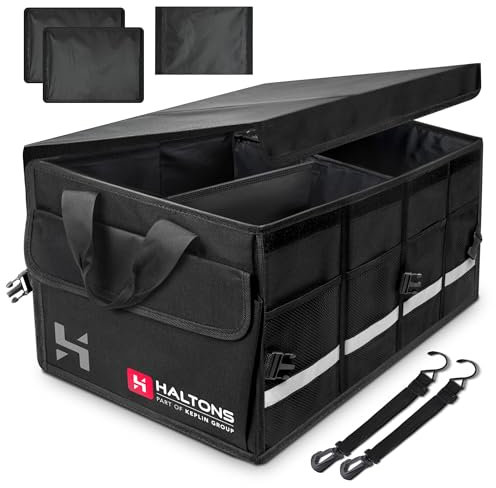 Haltons Foldable Car Boot Organiser Large, Durable 600D Oxford & 210D Polyester, Portable Boot Storage Box with Multi Compartments, Ideal for SUV, Truck, Van & Car Storage (36.8x50.8x26cm) Black