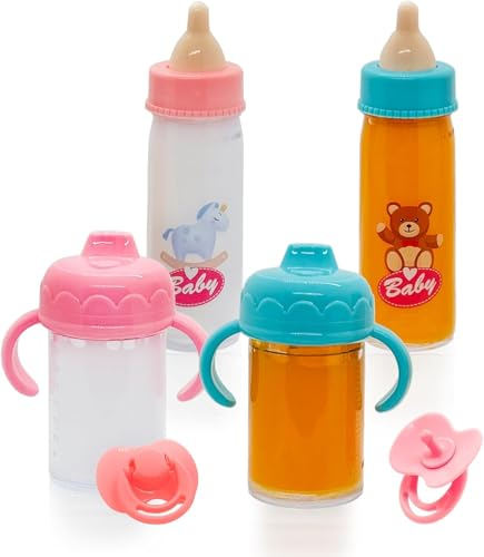 DIELIANHUA 4 Stück Magische Flasche und 2 Stück Puppenschnuller, Puppenflasche mit Verschwindender Milch, Magische Milchfläschchen, Born Baby Puppe Zubehör, Puppenzubehör, für Kinder ab 3 Jahren