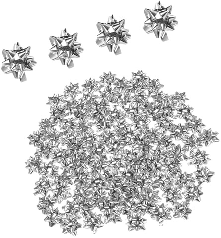 MACHSWON 100 Stück 2,5 cm Mini-Stern-Schleifen, metallisch, Geschenkschleifen, selbstklebend, Geschenkverpackung, für Geburtstag, Hochzeit, Weihnachten, Party, Dekoration, Silber