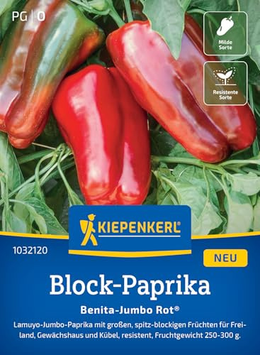 Kiepenkerl Block-Paprikasamen Benita-Jumbo Rot® 1032120, Gemüsesaat | Lamuyo- Jumbo- Paprika, spitz- blockige Früchte, Wuchshöhe 80-100 cm, aromatisch, für Hochbeet, Freiland & Gewächshaus