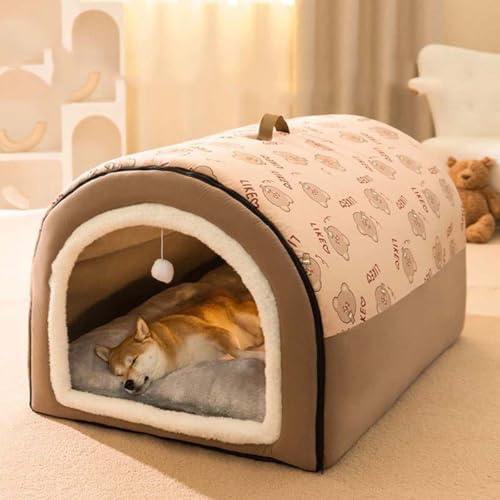 Mozzeilee Dog Bed 2 In 1 Dog House Large Pet Cave, Foldable Calming Dog Kennel with Anti Anxiety Soft Warm Cushion, Removable Washable Pet Igloo Bed for Dogs Cats, Non-Slip (L:60X45X40CM,Brown)