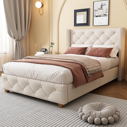 ModernLuxe Upholstered 3FT Single Bed, Elegant Bed Frame with Reinforced Slatted Base, Classic Button-Tufted Headboard, Stylish Rivet Upholstery Detailing, Wooden Legs, Linen, Beige, 90x190cm