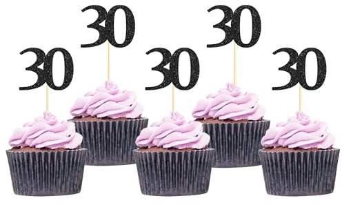 Sotpot 30 Pack Happy 30th Cupcake Toppers 30 Birthday Cake Decorations for 30th Birthday Wedding Anniversary Party Supplies Black Glitter