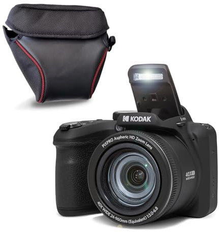 KODAK Pixpro Astro Zoom AZ405 + funda protectora - Cámara digital Bridge, Zoom X40, gran angular de 24 mm, 20 megapíxeles, LCD 3, vídeo Full HD 1080p, OIS, pila AA - Negro