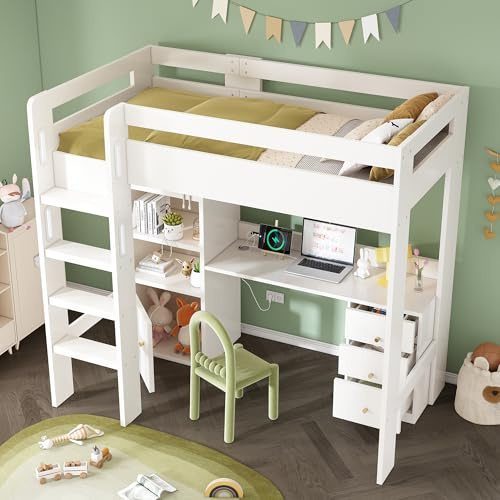 LAKFEW Kinderbett 90x200 cm Hochbett mit Schreibtisch und Schrank, Etagenbett Bett mit Stauraum Schublade, Leiter und Rausfallschutz, Einzelbett Jugendbett mit Lattenrost, Ohne Matratze, Weiß