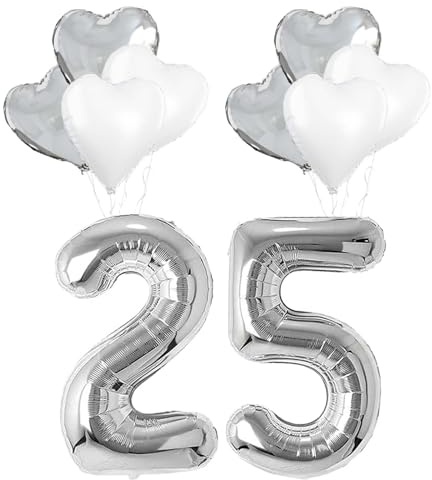 25. Silber Luftballons set,Silberhochzeit deko Set,Folienballon Zahl 25 Silber mit Herz Folienballon,Zahl Ballons zum Geburtstag,25 Hochzeitstag Ballons,für Silberhochzeit、25.Jubiläum、25. Geburtstag