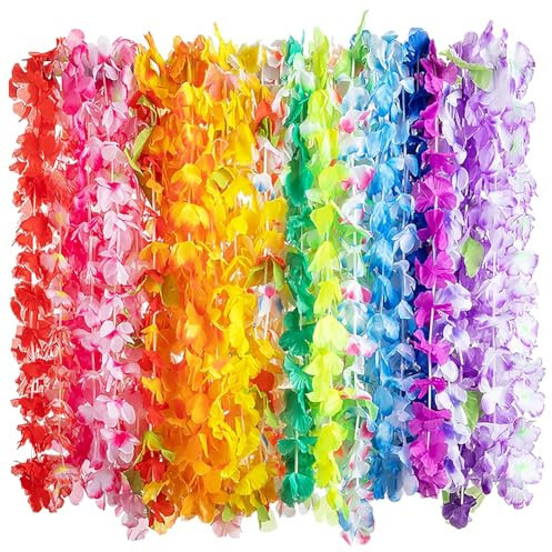 12 Stück künstliche Hawaii-Blumengirlande, Hawaii-Blumenketten, Hawaii-Leis, Luau-Halsketten, tropisches Thema, Kostümzubehör, Hula-Tanz, Party-Dekorationen für Sommer, Strand, Pool
