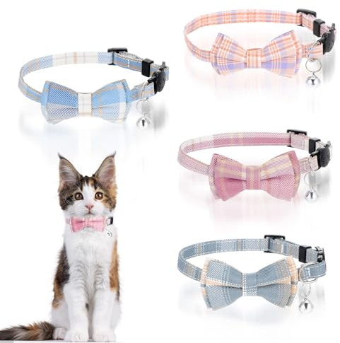 4er-Pack Katzenhalsband Mit Abreißverschluss Weiches Cat Collar Katzen Halsbänder Mit Glöckchen Fliege Verstellbare Karomuster Halsband Katze Mit Schleife Für Katzen Kätzchen Und Kleine Haustiere
