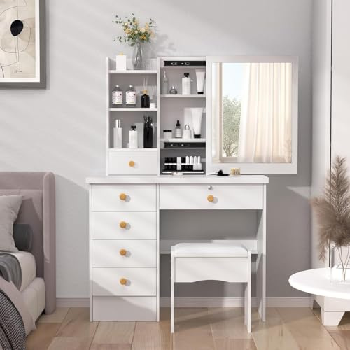 tekrabea Dressing Table with 6 Drawers, Vanity Desk with Mirror, Storage Shelves and Stool, Makeup Desk for Bedroom, Modern Makeup Table with Mirror and Chair, White