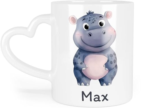 Kiddle-Design Kindertasse mit Namen Personalisiert, Personalisierte Tasse Kinder mit Nilpferd, Namenstasse Nilpferdtasse, Kinderbecher als Geschenk zur Geburt, Taufe Weihnachten - Tasse Herzhenkel