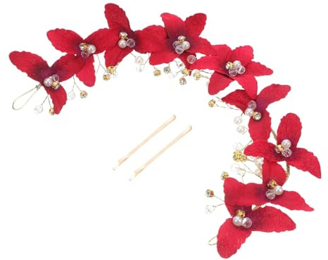 Mipcase Bridal Red Headdress Rhinestone Floral Hair Vine Headband for Bride Wedding Engagement Party Elegant Leaves Crown Hairpiece