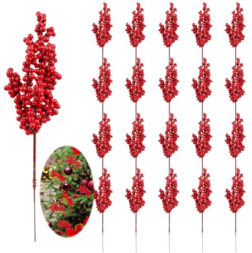20 Rami di Bacche Grandi Bacche Rosse Natalizie Steli di Agrifoglio Artificiali Color Bordeaux per Decorazioni Floreali Pigne Naturali con Corone Ghirlande Stagione per Alberi Regalo Feste Fai da te