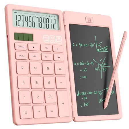 Calculatrice Pliable 2 en 1 ROATEE avec Tablette d'écriture LCD effaçable,écran Large HD 12 Bits,Double Alimentation Solaire Rechargeable,idéale pour Les étudiants et Le Bureau