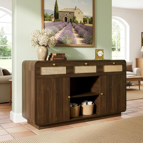 Seyakany Commode en Noyer 120 x 40 x 85 cm, Buffet avec poignées en rotin et Or, 3 tiroirs + 2 armoires + étagère Ouverte, étagère réglable en Hauteur