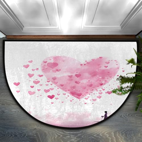Helhappy Halbrunde Fußmatte, 58,4 x 91,4 cm, Aquarell-rosa Herz am Valentinstag, rutschfest, halbrund, Teppich für Küche, Schlafzimmer, Badezimmer, Kamin