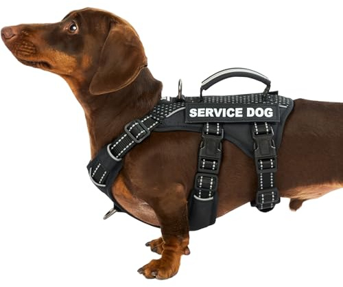 Huntboo Hundegeschirr Kleine Hunde, Sicherheitsgeschirr Hund Ausbruchsicher mit 6 Patches, Service Geschirr Hund mit Griff, Anti Zug Hundegeschirr, Verstellbar, 2 D-Ringe, Reflektierend (Schwarz,XS)
