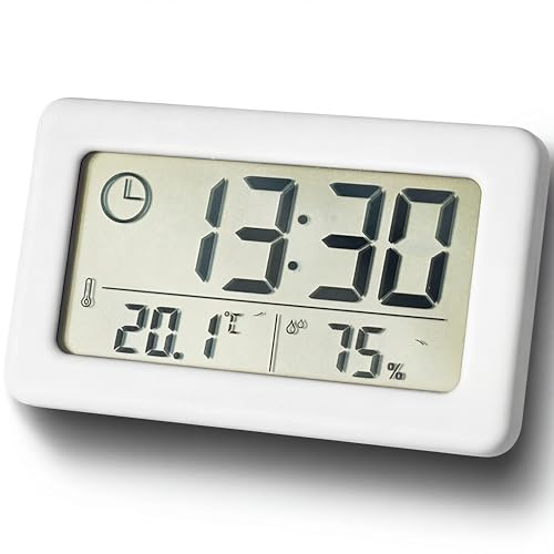 CARMOTTER Electronic Clock, 9.6x1x5.8cm White LCD Display Thermometer Hygrometer 12/24 Hour Format Slim Design for Home Office Desk(White)