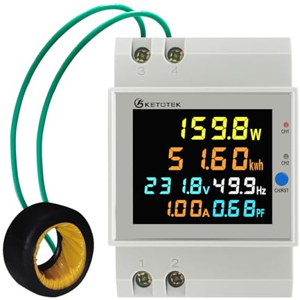 KETOTEK Medidor de Energía Monofásico, 2 Circuitos, Contador Eléctrico Carril DIN con 2 x 100A CT, Digital Voltímetro Amperímetro AC40-300V