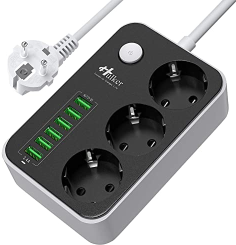 HULKER Multiprise Parasurtenseur, 3 Prises Outlet + 6 Ports USB, parafoudre,avec Protection Contre la surtension, Cordon 1.5 mètres Bloc avec Interrupteur