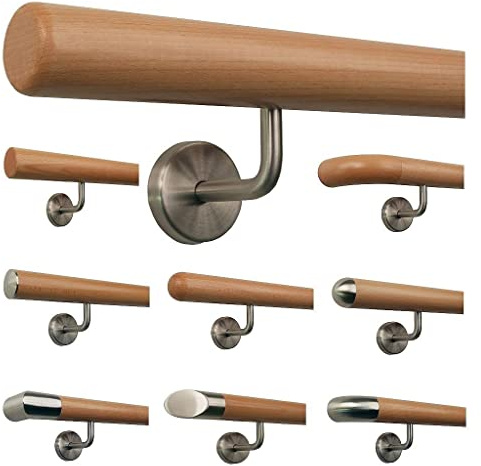 TIBU - Shop| Main courante d'escalier en hêtre avec support inox courbé, 30-500 cm/version: 180 cm avec 3 supports fraisés