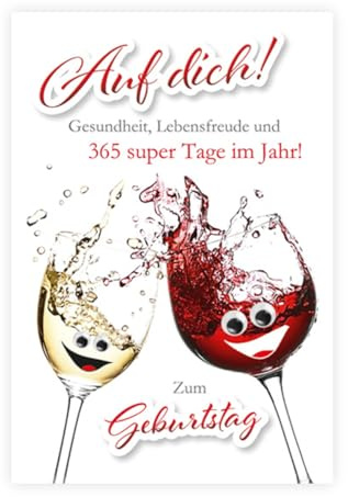 KE - Glückwunsch-Karte zum Geburtstag, Wackelaugen Design, mit Umschlag, DIN B6, lustige Geburtstagskarte mit Kulleraugen Mann Frau, Motiv: Wein
