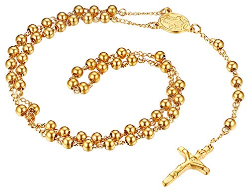 Flongo Rosenkranz Männer Kette Frauen Halskette aus Edelstahl mit Jesus Kreuz Anhänger Kugelkette Silber Schwarz Rose Gold