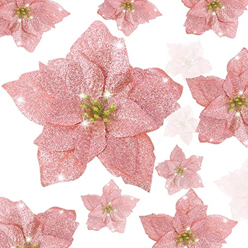 WILLBOND 36 Stücke Weihnachten Glitzer Weihnachtsstern Künstliche Blumen Weihnachten Blumen Dekorationen Hochzeit Weihnachtsbaum Neujahr Ornamente (Roségold)