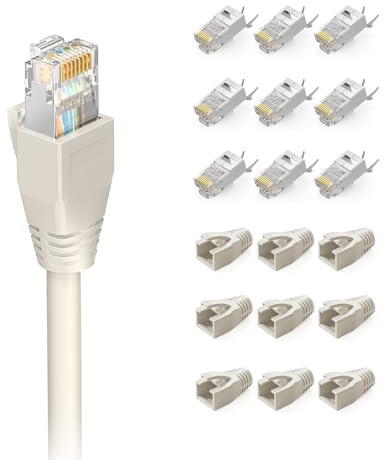 VCELINK 10 x RJ45 Stecker, CAT7 Pass Through Netzwerkstecker, Lan stecker | 10 Gbit/s, Cat7/Cat6A Verlegekabel geschirmt, PoE-fähig, mit Einfädelhilfe und Knickschutz, Switch/TV/Modem/Router/PC, grau