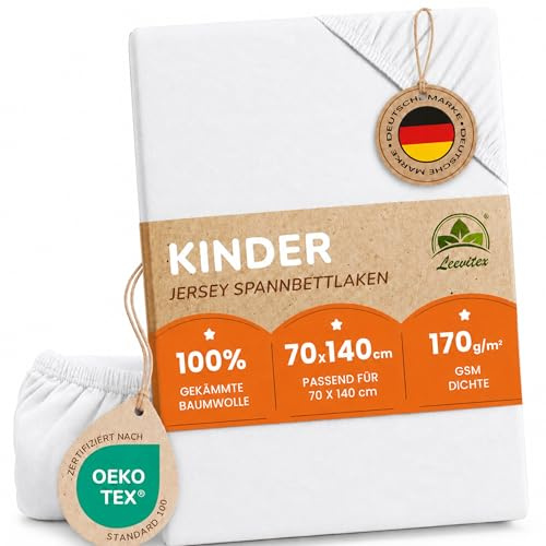leevitex Premium Kinder Spannbettlaken, 70x140cm, Für Babybett & Kinderbett, 1er Set, 100% hochwertige Mako-Jersey-Baumwolle, Öko Tex Zertifiziert, Weiß