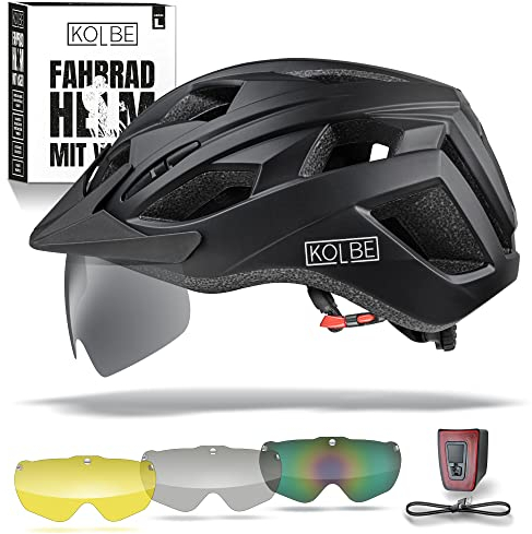 KOLBE Fahrradhelm Mit Visier - 3 Magnetische Visiergläser - L Herren & Damen - Trekking-, City- & Rennradhelm - Mit Licht (Aufladbar) + Ersatzpolster + Beutel