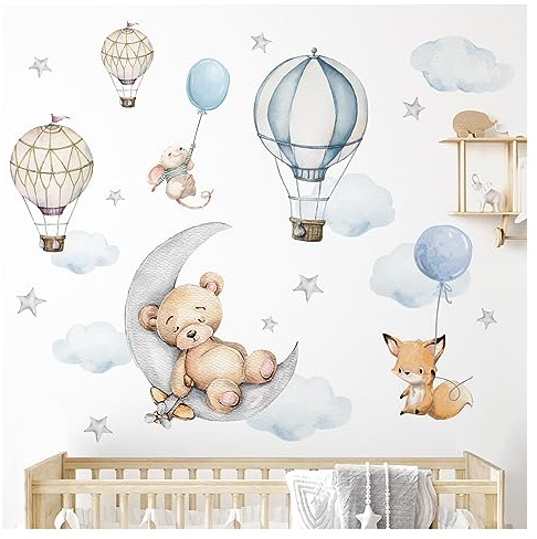 Little Deco Bär auf Mond Wandsticker Tiere für Babyzimmer Wandtattoo Heißluftballon für Kinderzimmer Wandaufkleber selbstklebend DL850-5