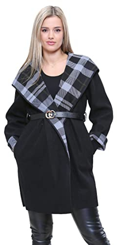 H&F Womens Italian Belted Duster Coat Celebrity Inspired Waterfall Trench Cape Checked Long Sleeve Open Drape Long Maxi Length Duster Top Cardigan Coat Jacket Plus Size 8-22 (Black)