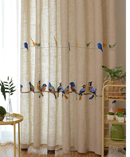 MANQILE Gestickter Vogel-Baumwollleinen-Vorhang für Wohnzimmer-Schlafzimmer-weißer durchsichtiger Tüll-Vorhang-Fenster-Vorhänge